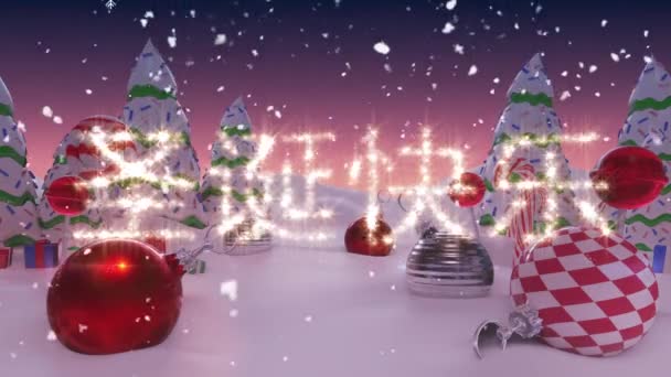 中国文字中的圣诞快乐 冬天的风景中 雪花飘落在圣诞装饰品之上 圣诞节的庆祝和庆祝概念 — 图库视频影像
