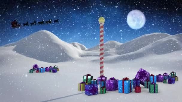雪橇上的圣爪与驯鹿在降雪 送礼和冬季景观上的动画效果 圣诞节 传统和庆祝概念数字制作的视频 — 图库视频影像