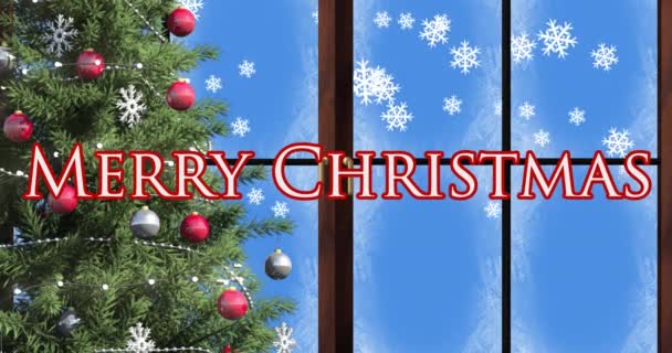 Kerstboom Raamkozijn Tegen Vrolijke Kersttekst Sneeuwvlokken Blauwe Achtergrond Kerstfeest Viering — Stockvideo