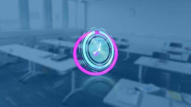 动态时钟和紫色圆圈的动画和背景下在办公室上方移动的形状 数字视频的时间 数字接口和技术概念 — 图库视频影像