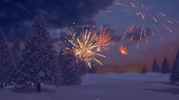 Animace Textu Ročních Pozdravů Ohňostrojem Nad Zimní Krajinou Vánoce Vánoční — Stock video