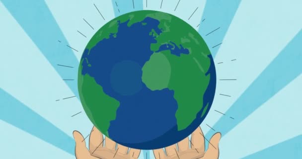 Animación Manos Sosteniendo Globo Sobre Fondo Azul Movimiento Medio Ambiente — Vídeos de Stock