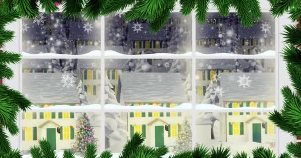 Animation Fallande Snöflingor Över Gran Tee Grenar Och Vinter Stadsbild — Stockvideo