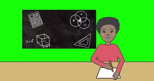 在黑板上用绿色背景上的学校图标记录学生的动画 教育及学习概念数码录影 — 图库视频影像