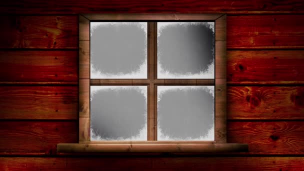 木制复盖窗框 雪落在黑色背景上 圣诞节的庆祝和庆祝概念 — 图库视频影像