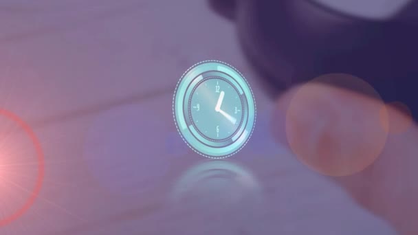 Animation Rotating Scope Scanning Clock Light Trail Blurred Background Global — Stock Video