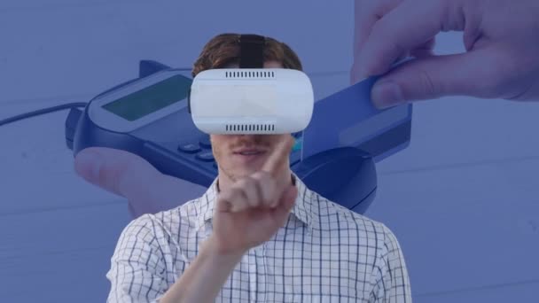 Animation Businessman Wearing Headset Touching Virtual Screen Payment Terminal Global — Stock Video