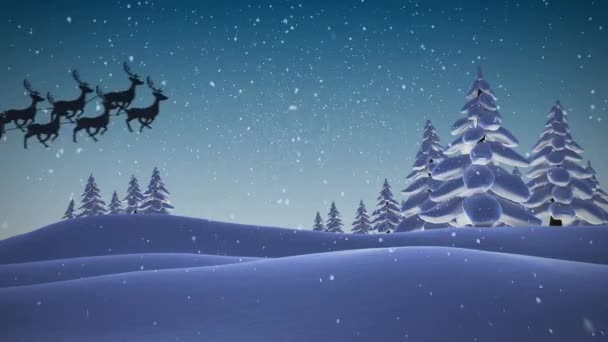 雪の上にトナカイとそりでサンタのクラスのアニメーション 赤い斑点や冬の風景 クリスマス お祝いのコンセプトをデジタルで — ストック動画