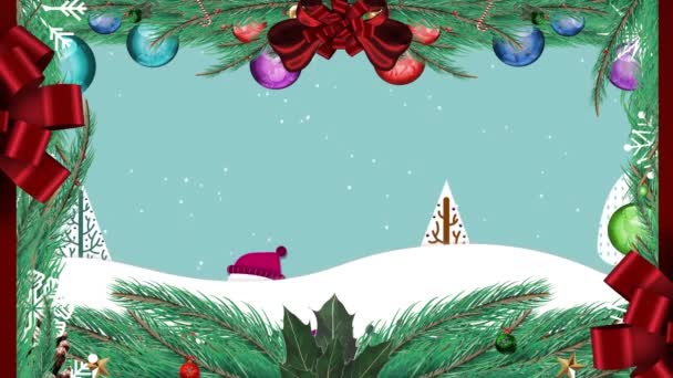 Decoraciones Navideñas Contra Nieve Cayendo Sobre Muñeco Nieve Árboles Paisaje — Vídeo de stock