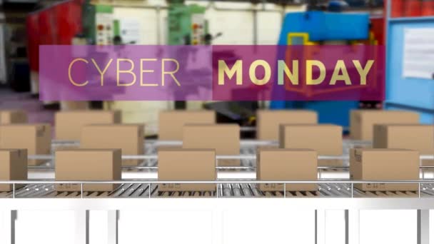 Animering Cyber Måndag Text Över Kartonger Transportband Globalt Online Shopping — Stockvideo