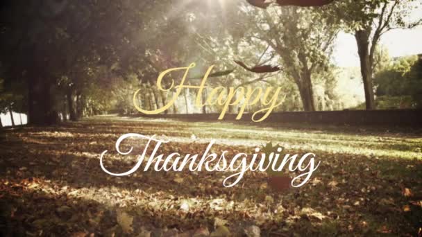 Happy Thanksgiving Text Multiple Maple Leaves Falling Forest Background Thanksgiving — Stock Video