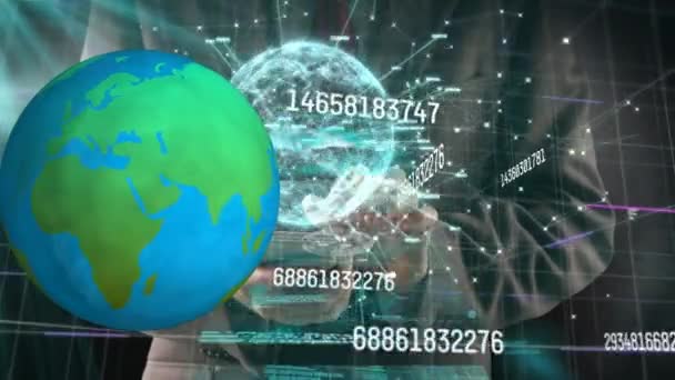 Animazione Del Globo Elaborazione Dati Reti Connessioni Tramite Uomo Affari — Video Stock