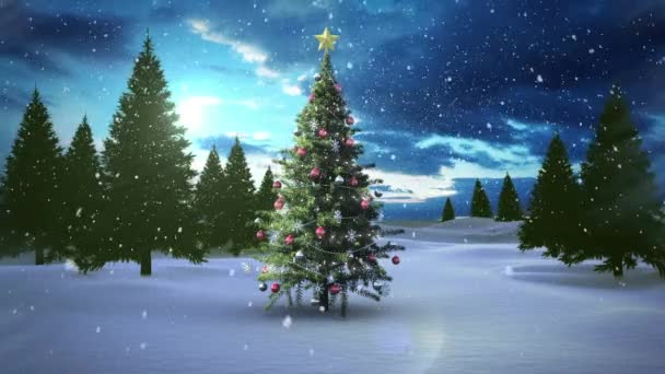 Snowflakes Pattern Snow Falling Christmas Tree Winter Landscape Blue Sky — Stock Video