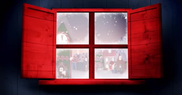 Rood Houten Raamkozijn Tegen Sneeuwval Meerdere Huizen Het Winterlandschap Kerstfeest — Stockvideo