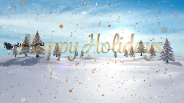 冬の風景の上にトナカイと一緒にそりでサンタクラスの上に幸せな休日のテキストのアニメーション クリスマス お祝いのコンセプトをデジタルで — ストック動画