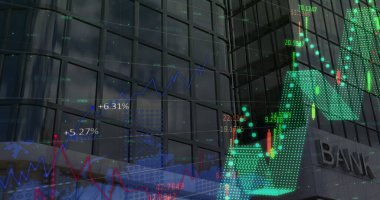 Modern banka binasının mali veri işleme görüntüsü. küresel finans, iş ve temassız ödeme konsepti dijital olarak oluşturulmuş imaj.