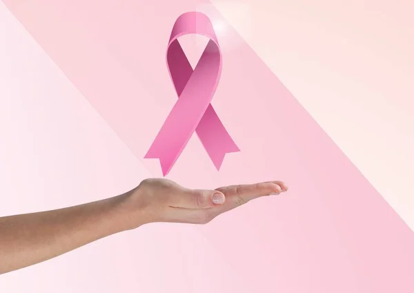 Hand Holding Invisible Object Pink Ribbon Icon Pink Striped Background — Stock Photo, Image