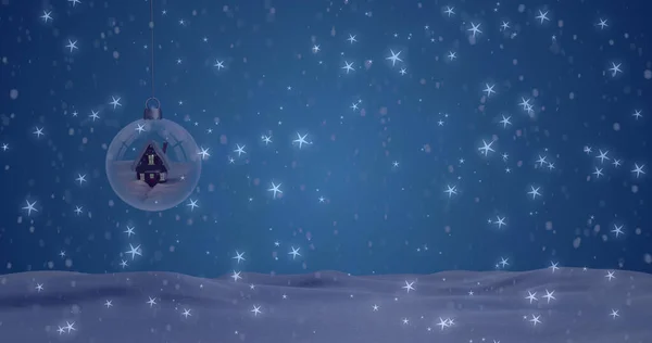 Imagen Estrellas Cayendo Sobre Globo Nieve Sobre Fondo Oscuro Navidad — Foto de Stock