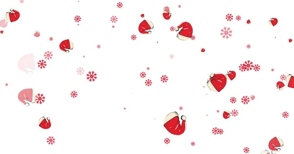 Çoklu Kırmızı Kar Taneleri Noel Baba Şapkalarının Düşüşünün Görüntüsü Beyaz — Stok fotoğraf