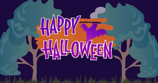 Afbeelding Van Halloween Groeten Vleermuis Donkerblauwe Achtergrond Met Bomen Halloween — Stockfoto
