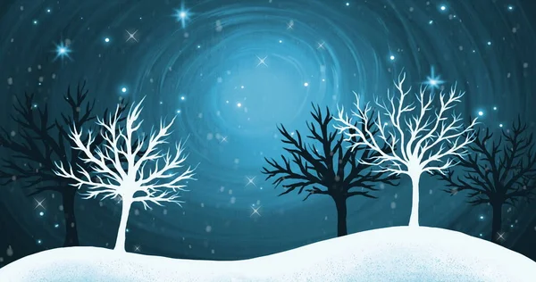 Kış Manzarası Titreyen Yıldızlar Düşen Kar Mavi Arka Planda Ağaçlar — Stok fotoğraf