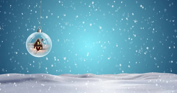 Изображение Висящей Рождественской Безделушки Нескольких Снежинок Падающих Синий Фон Концепция — стоковое фото