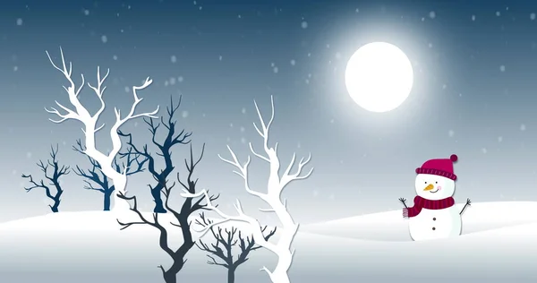 Изображение Зимнего Пейзажа Снеговиком Снегопад Деревья Полная Луна Синем Фоне — стоковое фото