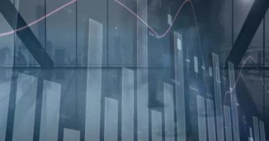 Modern ofiste yürüyen çeşitli iş adamları üzerinde finansal veri işleme animasyonu. küresel iş, finans, bağlantılar ve dijital arayüz konsepti dijital olarak oluşturulmuş video.