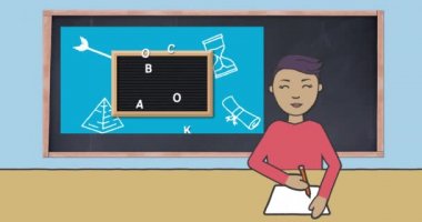 Okul çocuğunun karatahtaya yazı yazma animasyonu. eğitim ve öğrenme kavramı dijital olarak oluşturulmuş video.