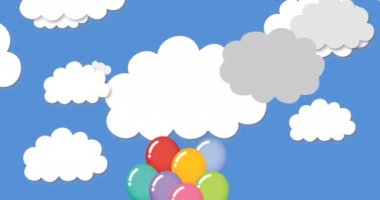 Mavi arka planda bulutların üzerinde uçan balonların canlandırması. renk, hareket ve enerji arkaplan kavramı, dijital olarak oluşturulmuş video.