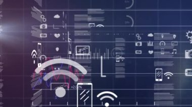 Mavi arka planda finansal veri işleme ve medya simgelerinin canlandırılması. küresel iş, finans, bağlantılar ve dijital arayüz konsepti dijital olarak oluşturulmuş video.