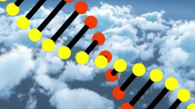 Bulutlu mavi gökyüzünde ve pembe çemberde dönen DNA iplikçiklerinin animasyonu. Dijital olarak üretilen video teknolojisi kavramı.