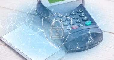 Bağlantı ağının animasyonu ve ödeme terminali üzerindeki güvenlik asma kilidi. küresel veri güvenliği ve temassız ödemeler güvenlik konsepti dijital olarak oluşturulmuş video.