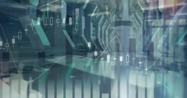 Modern ofiste yürüyen çeşitli iş adamları üzerinde finansal veri işleme animasyonu. küresel iş, finans, bağlantılar ve dijital arayüz konsepti dijital olarak oluşturulmuş video.
