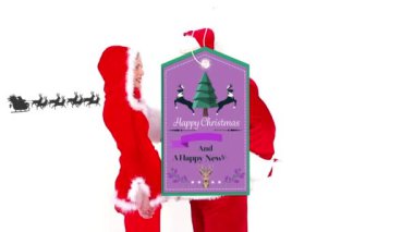 Noel Baba kostümü giymiş kadın ve erkekleri selamlayan hediye etiketi animasyonu. Noel, gelenek ve kutlama konsepti dijital olarak oluşturuldu.