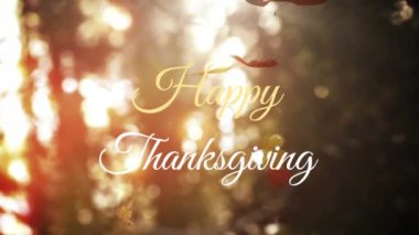 Arka planda ormana düşen pekçok akçaağaç yaprağı üzerindeki Şükran Günü mesajınız kutlu olsun. Şükran Günü kutlaması ve tatil konsepti