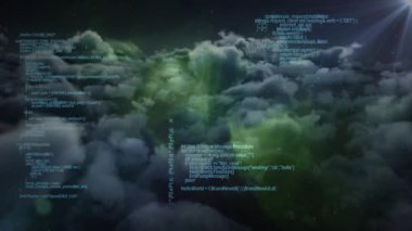 Kara arkaplanda bulutların üzerinde veri işleme animasyonu. küresel veri işleme, hesaplama ve dijital arayüz kavramı dijital olarak oluşturulmuş video.