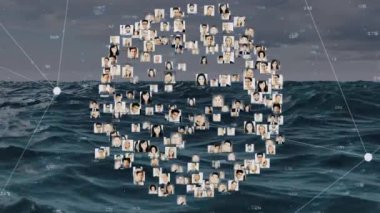 Deniz manzarası üzerindeki bağlantı ağının animasyonu. küresel bağlantılar, veri işleme ve dijital arayüz konsepti dijital olarak oluşturulmuş video.