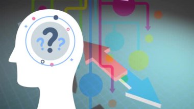Beyaz arka planda renkli şekiller üzerinde soru işaretleri olan insan kafası animasyonu. Sosyal medya ve iletişim arayüzü kavramı dijital olarak oluşturulmuş video.