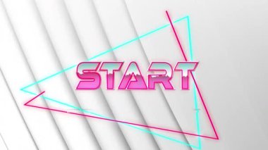 Beyaz arkaplandaki ışık izlerinin üzerinden başlat metninin canlandırması. Video oyunu, eğlence ve dijital arayüz kavramı dijital olarak oluşturuldu.