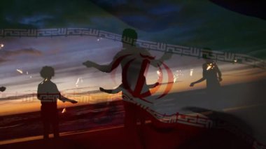 Sahilde eğlenen bir grup arkadaşın üzerine İran bayrağı sallamanın animasyonu. seyahat, tatiller, vatanseverlik ve dijital olarak üretilen video konsepti.