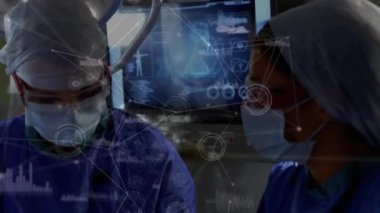 Ameliyathanedeki cerrahlar üzerinden bağlantı ve veri işleme ağının animasyonu. Dijital olarak üretilen tıbbi ve sağlık teknolojisi kavramı.