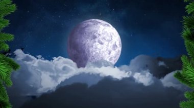 Noel Baba 'nın üzerinde yeşil ağaç dalları gece gökyüzünde ren geyikleri tarafından Ay' a doğru çekiliyor. Noel şenliği ve kutlama konsepti