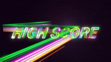 Parlak mor harflerle parlak parlak ışığın üzerinde yüksek skorlu metnin animasyonu. Video oyunu, dijital arayüz ve dijital olarak oluşturulmuş iletişim konsepti.