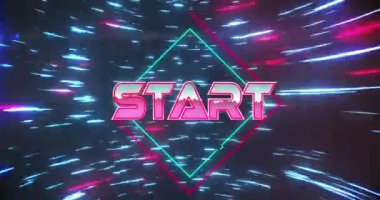 Hareket eden ışık izlerinin üzerindeki metnin canlandırması. Video oyunu, eğlence ve dijital arayüz kavramı dijital olarak oluşturuldu.