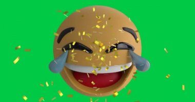 Gülümseyen emoji simgesinin üzerine düşen konfeti animasyonu yeşil ekran üzerine. küresel sosyal medya, kutlama ve iletişim konsepti dijital olarak oluşturulmuş video.