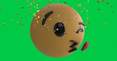 Yeşil arka planda dijital emoji ikonu ve konfeti animasyonu. Sosyal medya ve iletişim arayüzü kavramı dijital olarak oluşturulmuş video.