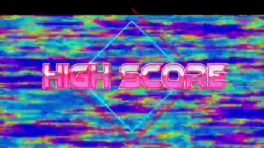 Renkli arkaplan üzerinde yüksek skorlu metin animasyonu. Video oyunu, eğlence ve dijital arayüz kavramı dijital olarak oluşturuldu.