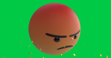 Kızgın emoji simgesinin üzerine düşen konfeti animasyonu yeşil ekran üzerine. küresel sosyal medya, kutlama ve iletişim konsepti dijital olarak oluşturulmuş video.