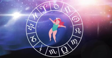 Yıldızların mavi ve mor arka planda dönen yıldız burcunun animasyonu. Zodyak işaretleri ve astroloji konsepti dijital olarak oluşturulmuş video.